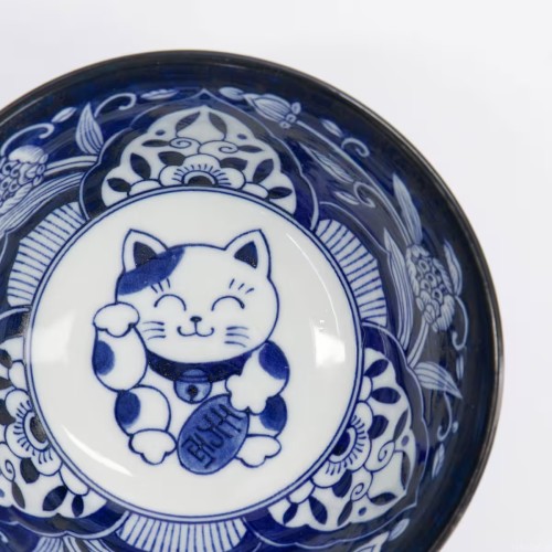 Japońska miseczka z motywem Maneki Neko 15 cm kobaltowa